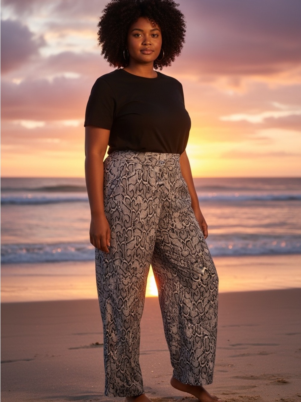 Cache Snake Print Wide Leg Pants in Black & Gray Size 14
